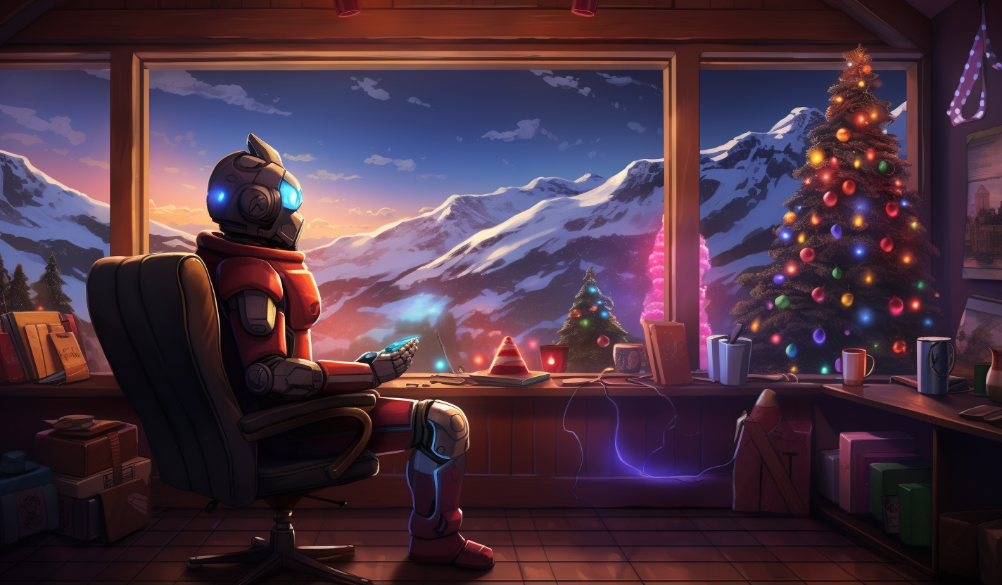 Robot looking at lightning in festive cabin