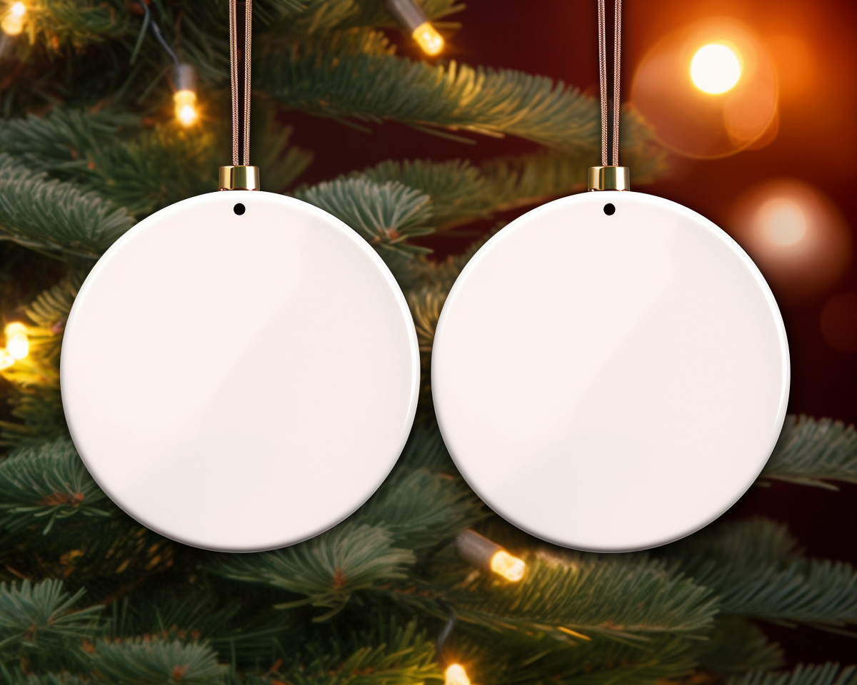 Two White Circle Ceramic Christmas Ornaments Mockup