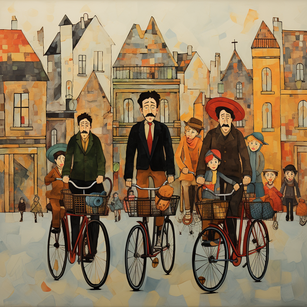 Festive families on bicycles in urban setting