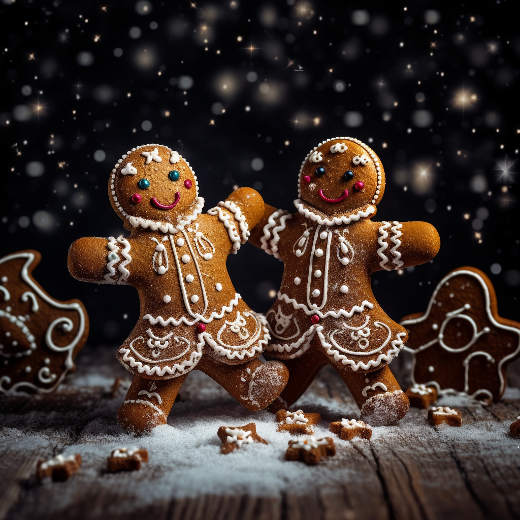 Gingerbread cookies dancing in winter wonderland