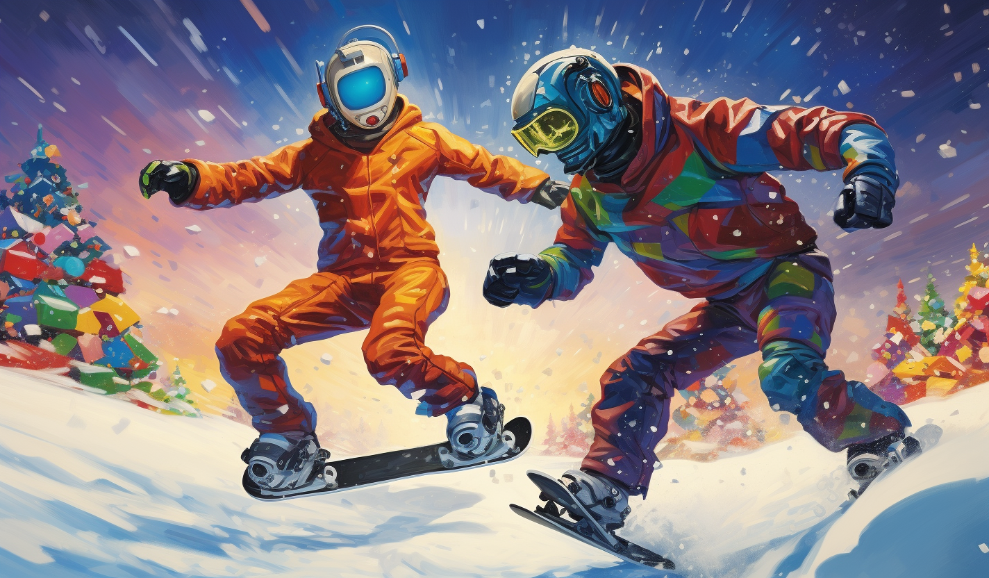 Colorful snowboarding robot and human enjoying the holiday