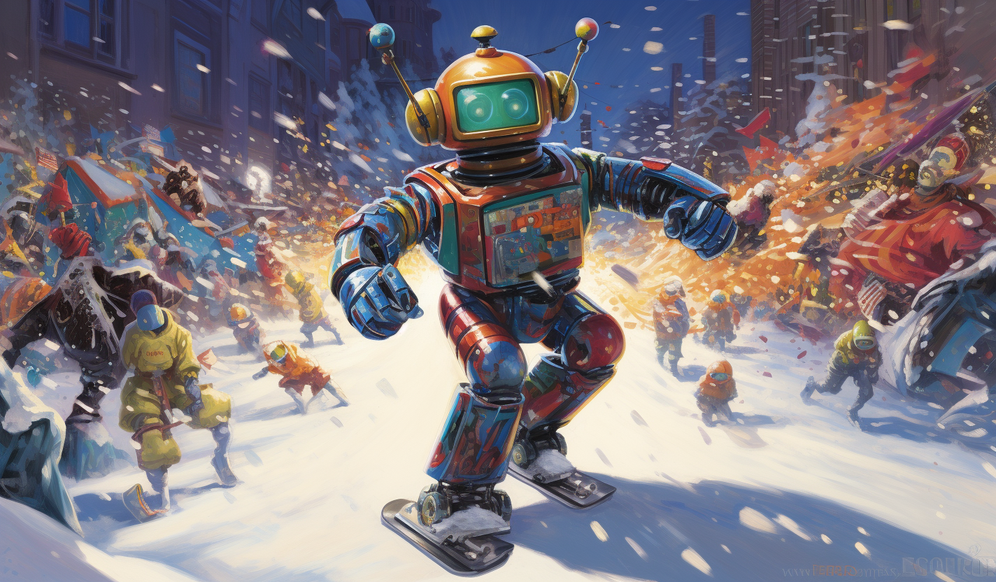 Robot snowboarding in festive holiday scene