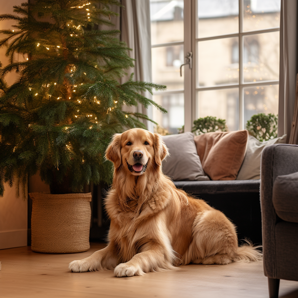 Happy dog in front of Christmas tree