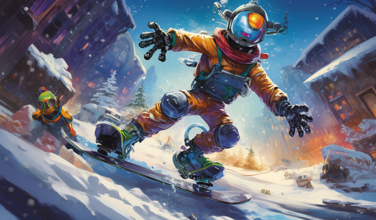 Robot and Human Snowboarding in Festive Scene