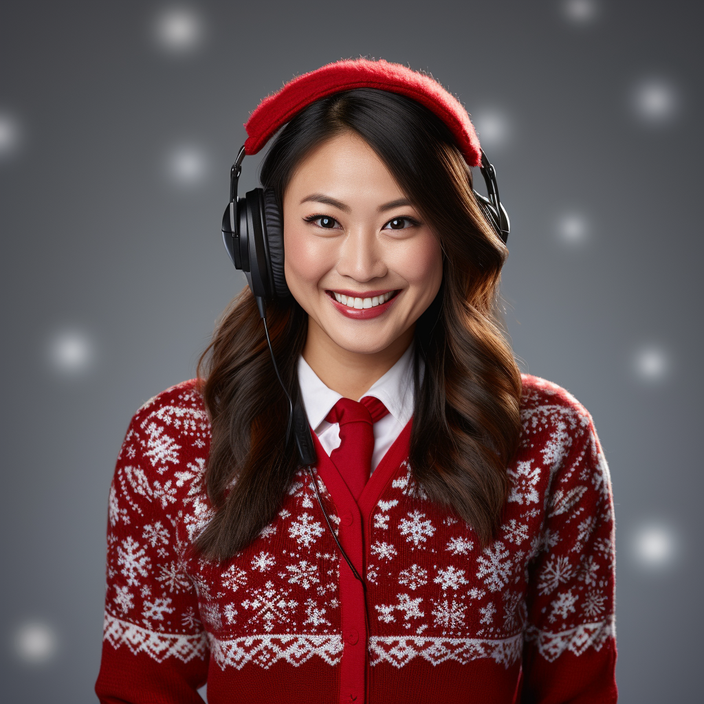 Friendly Asian female receptionist with holiday sweater