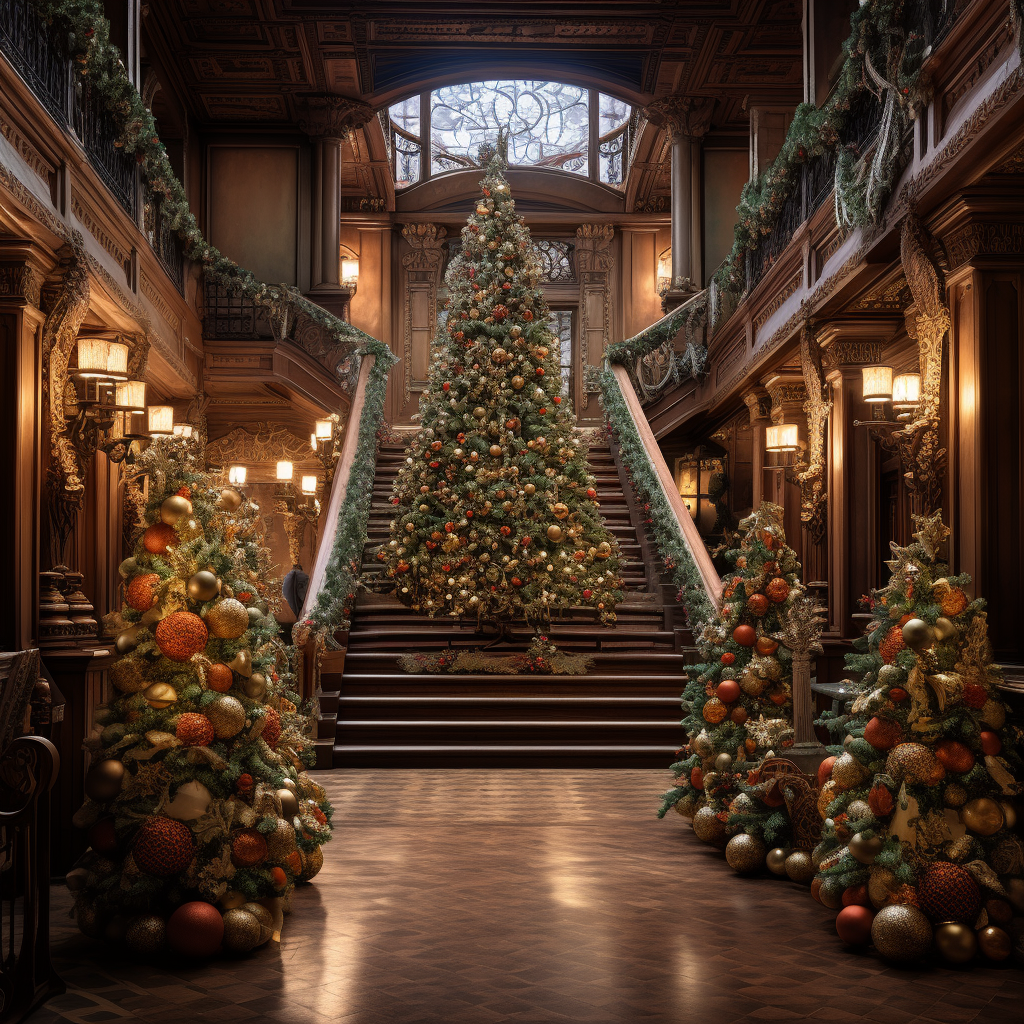 Christmas Hall with Decorated Pine Tree