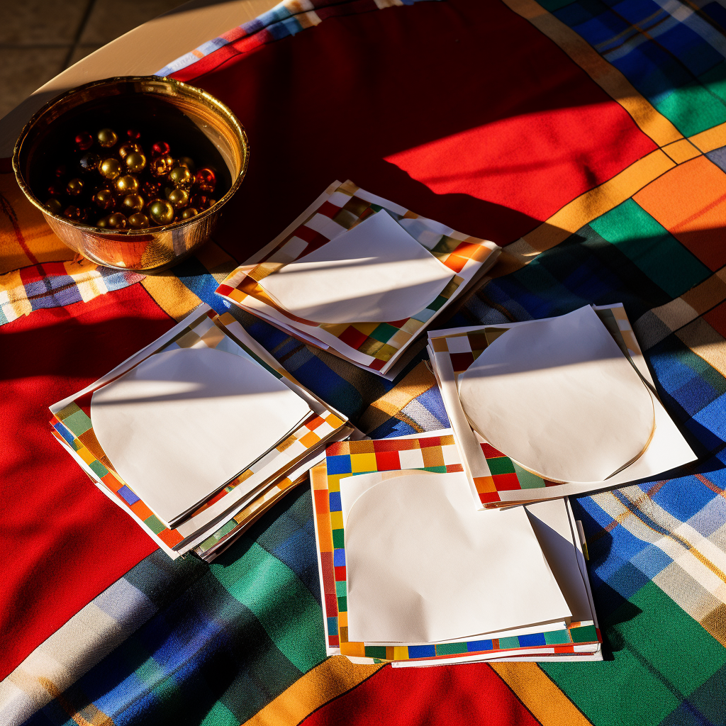 Blank square greeting cards on festive Christmas tablecloth