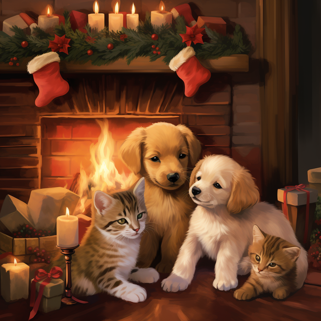 Group of Puppies and Kittens by Festive Fireplace