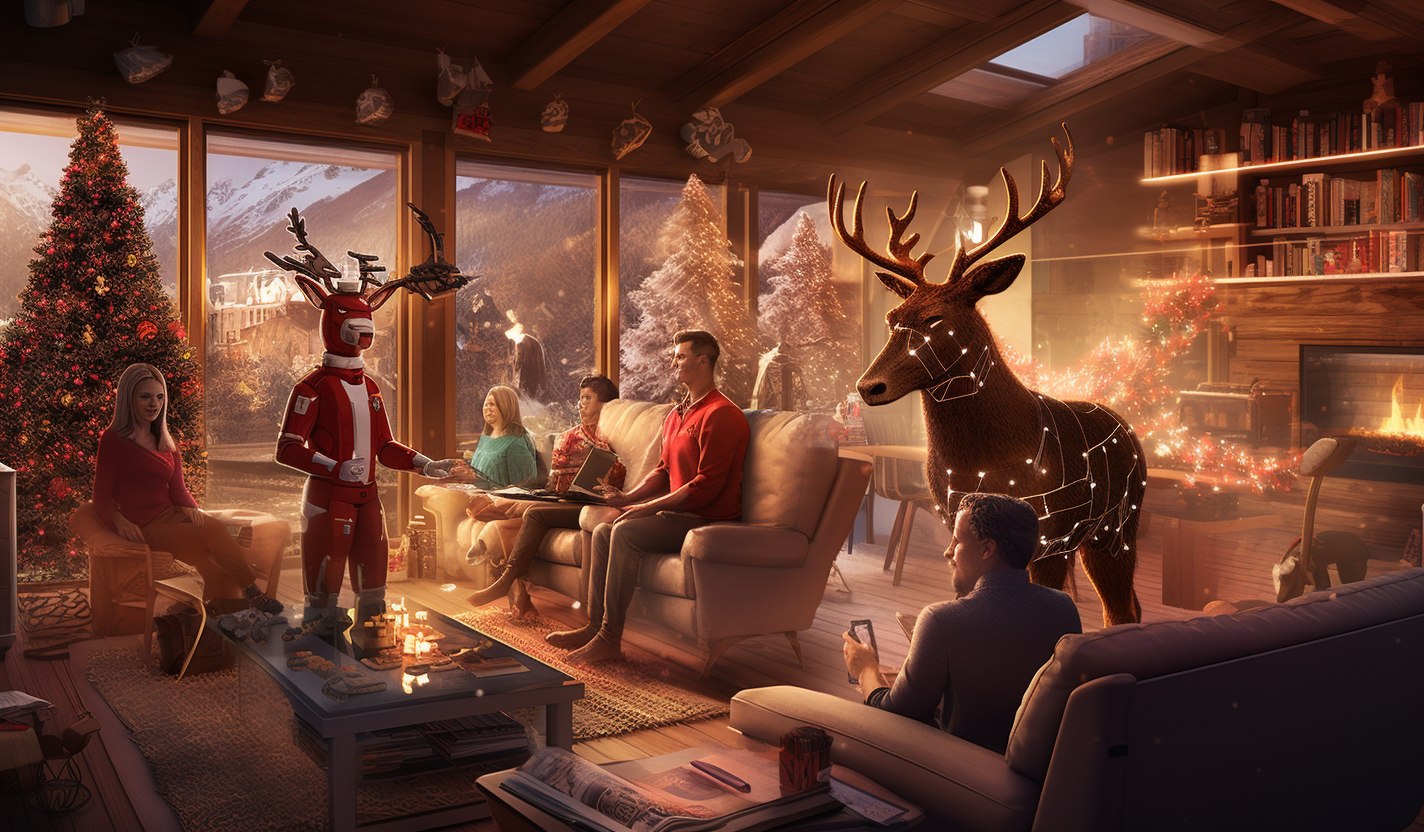 Group enjoying cozy cabin holiday party