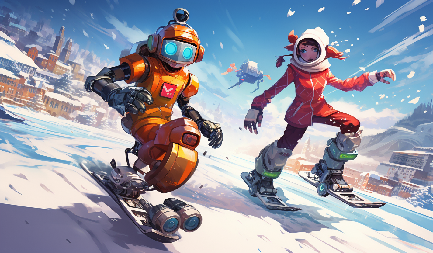 Fun snowboarding with robot and human