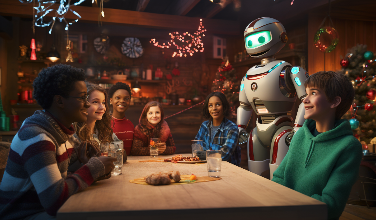 30-year-old adults and human-sized friendly robots at holiday party