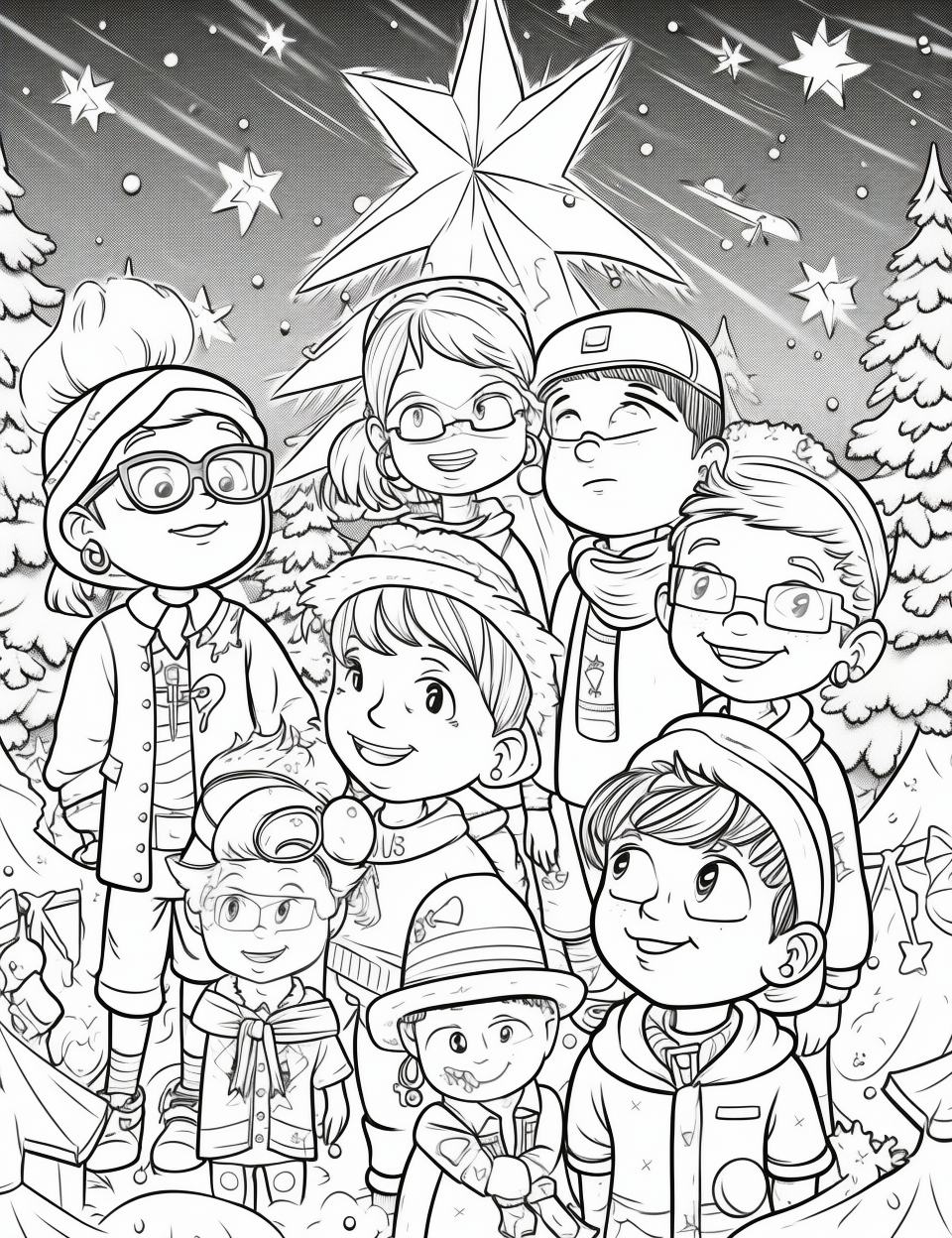 Smiling children around a Christmas tree