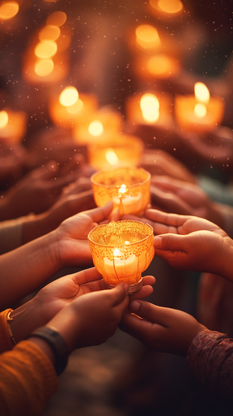 Traditional festivity candles illuminating hands