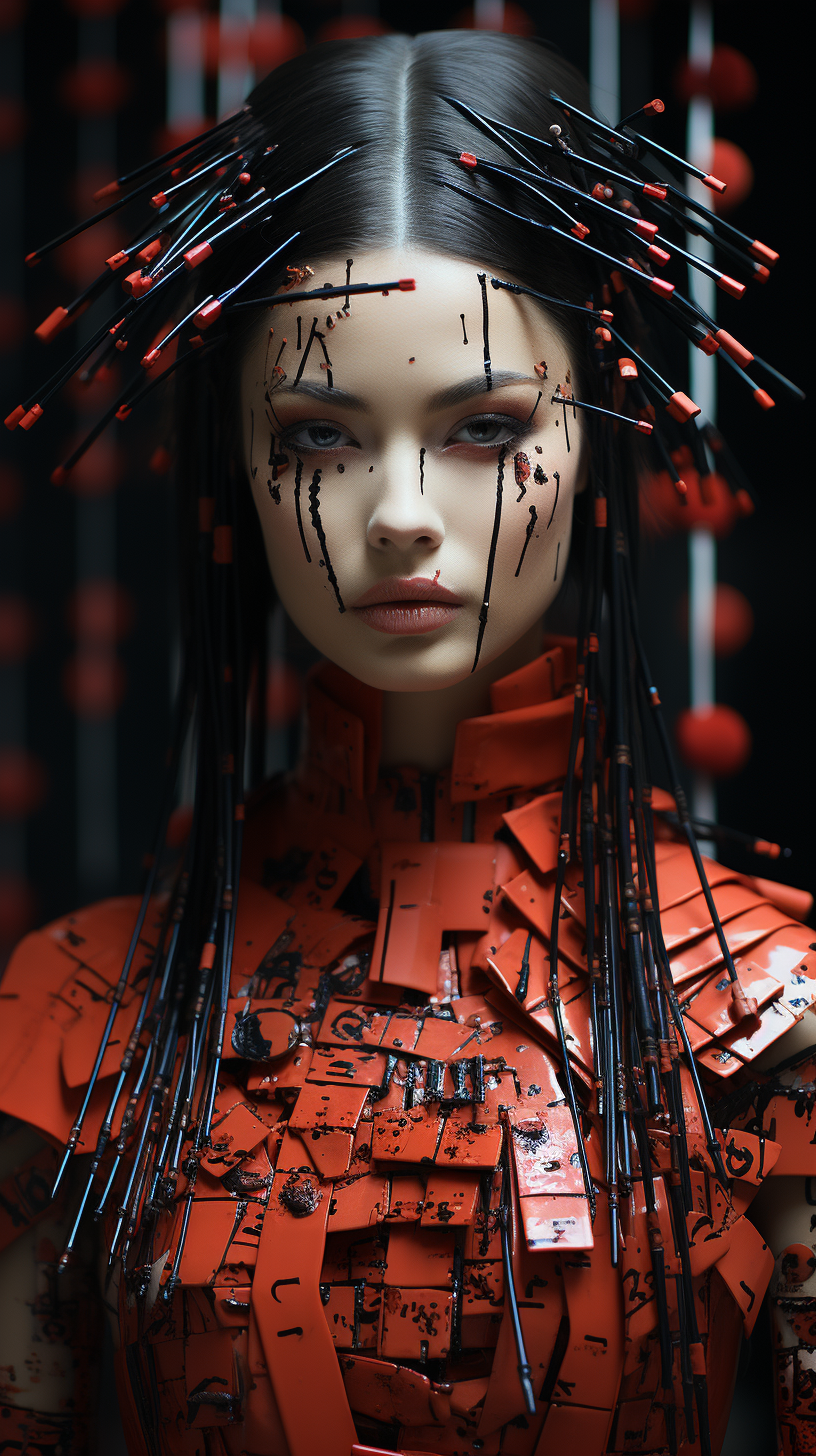 Stunning fusion of geisha art and cyberpunk vibes.