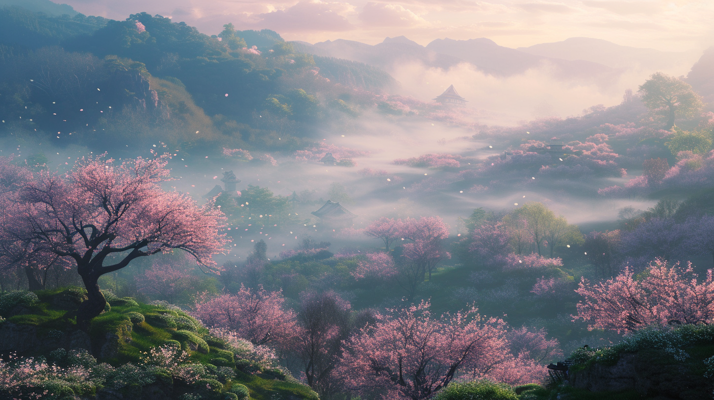 Feudal Japan Cherry Blossoms at Dawn