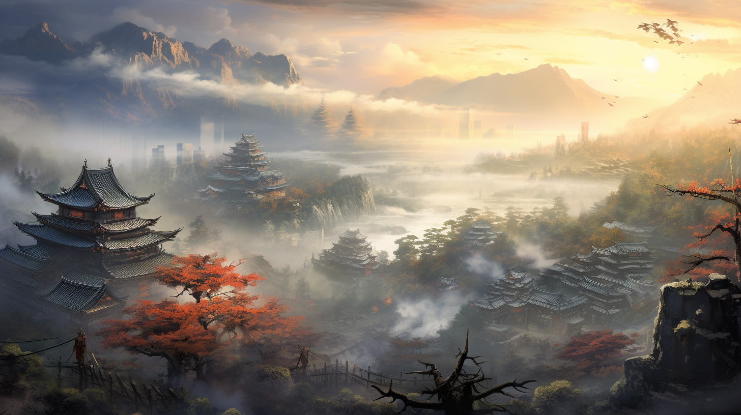 Gorgeous Feudal Japan Hillside Village Painting