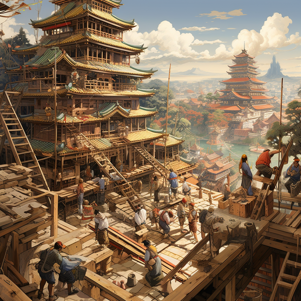 Feudal Japanese City Construction Workers Buildings