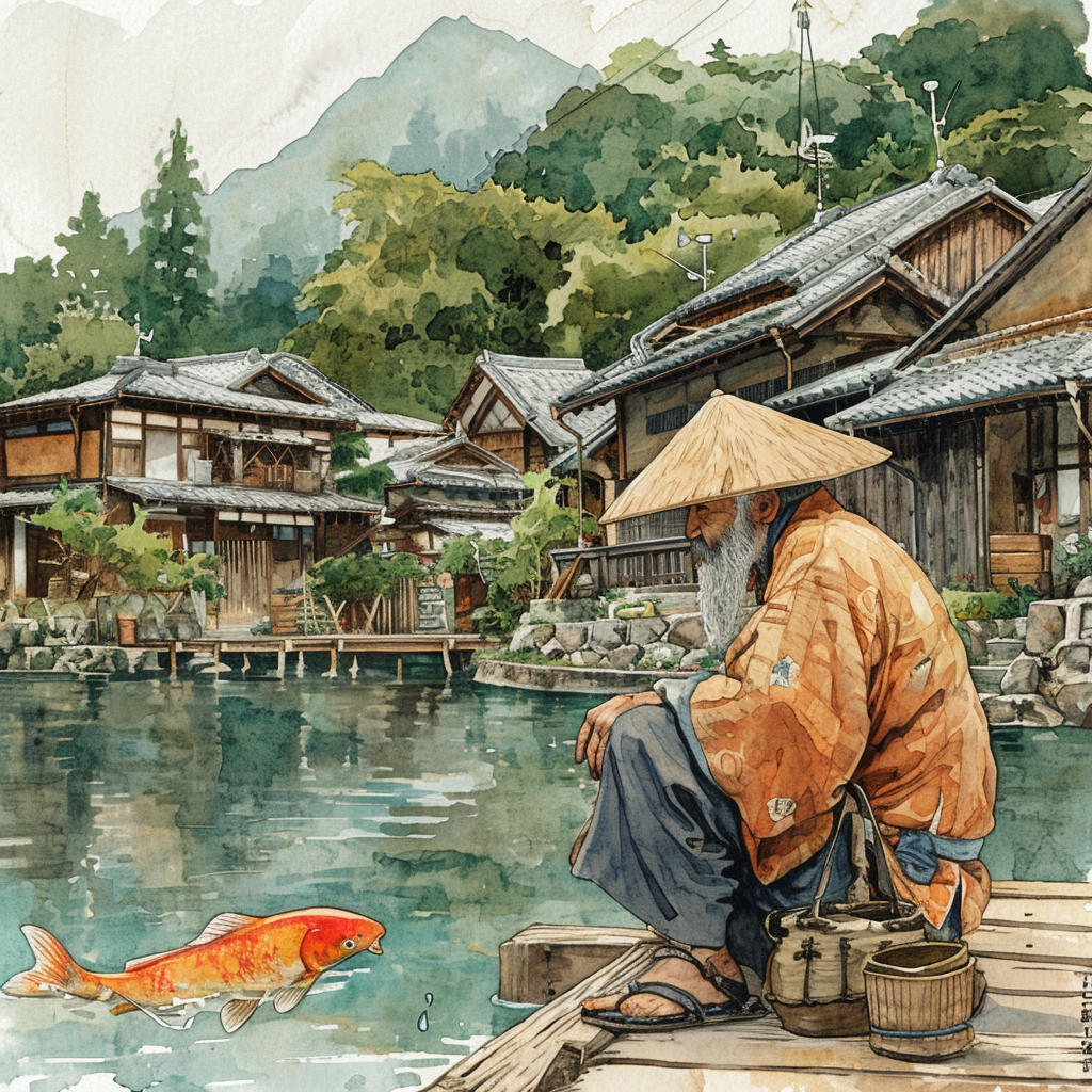 Japanese fisherman in feudal village