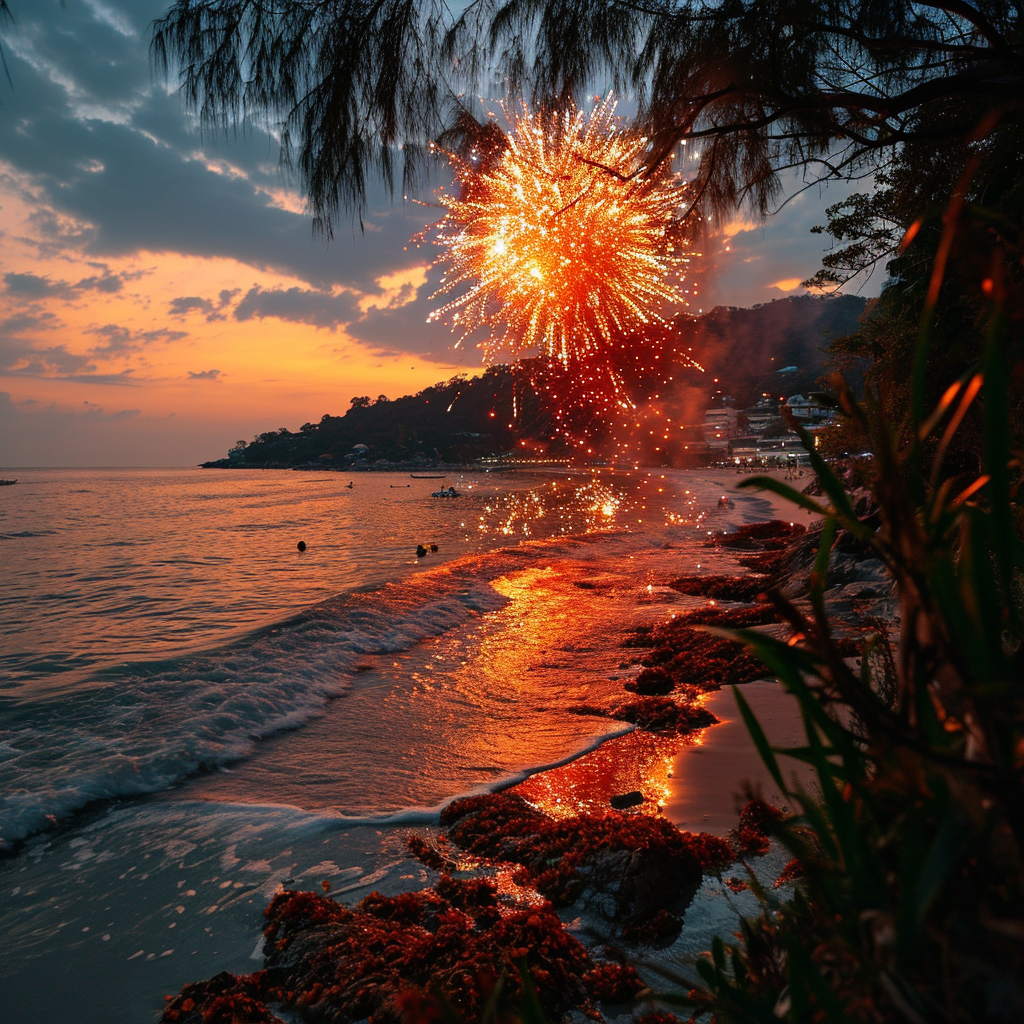 Fireworks lighting up Phuket beach