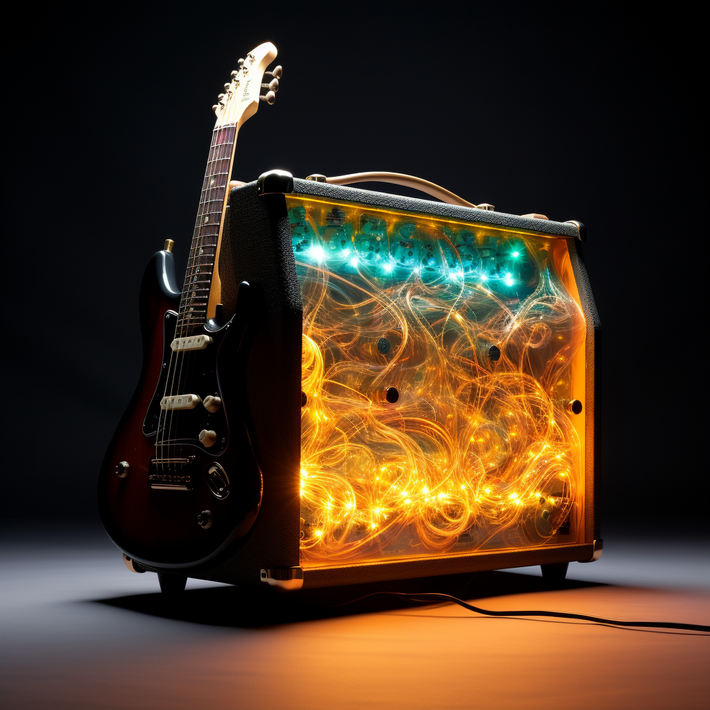 Hyper detail photo of a guitar amp struck by lightning