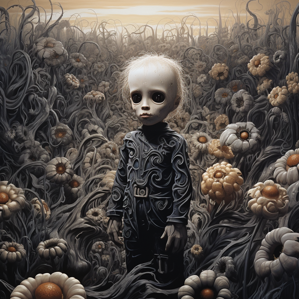 Kid enjoying flowers in Giger-inspired field