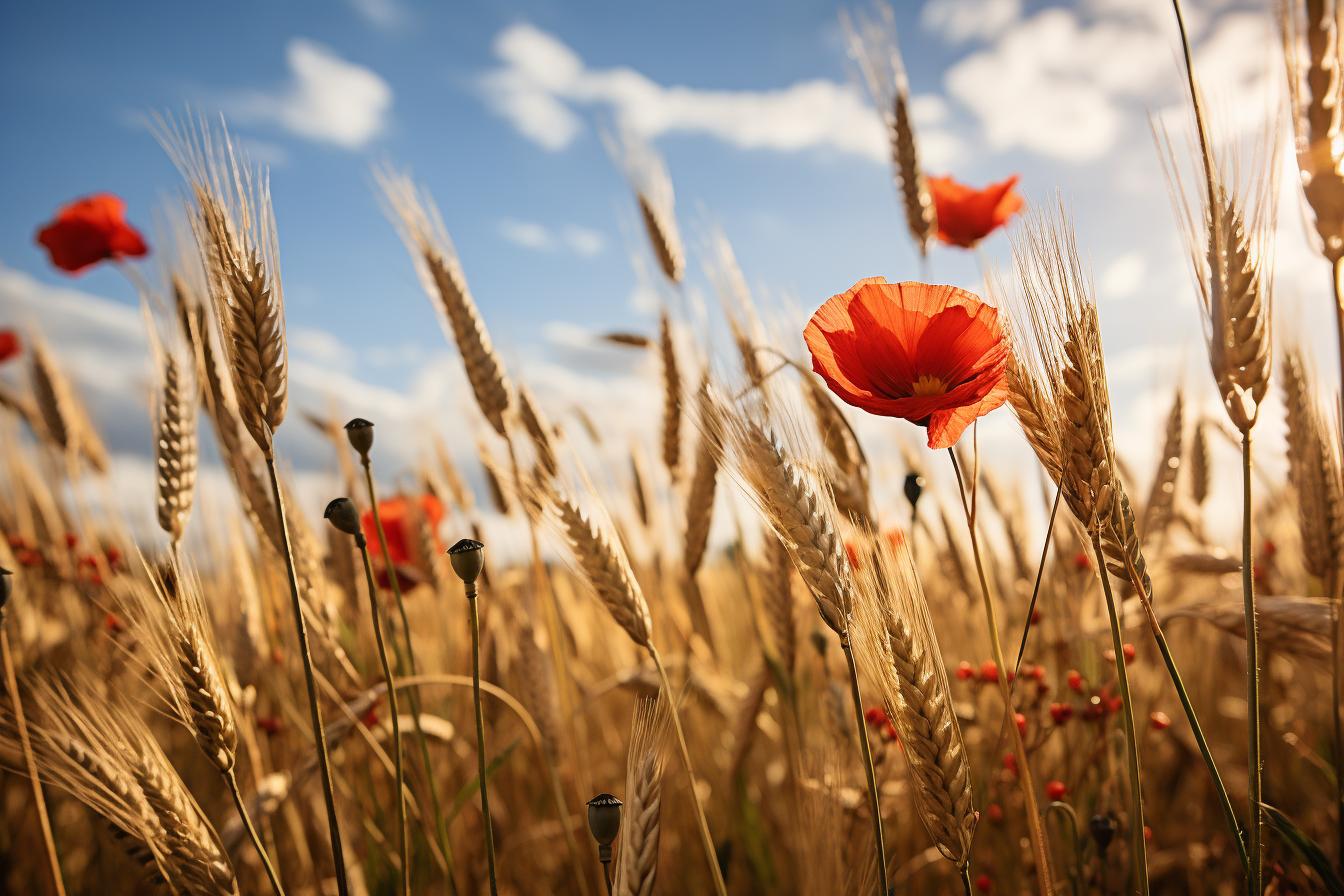 Field of grain with poppies in muted colors