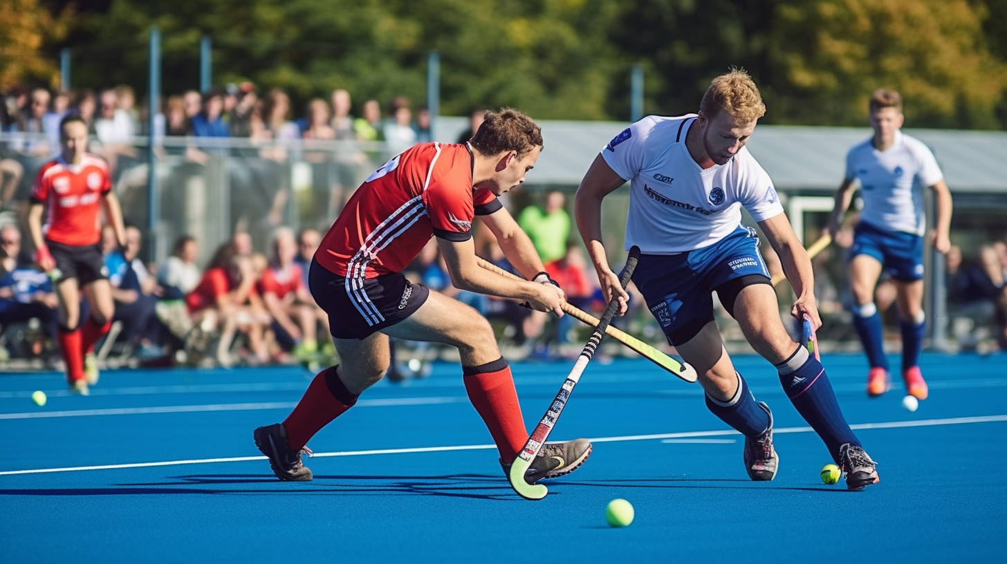 Field hockey game image with two players, one in blue and the other in red