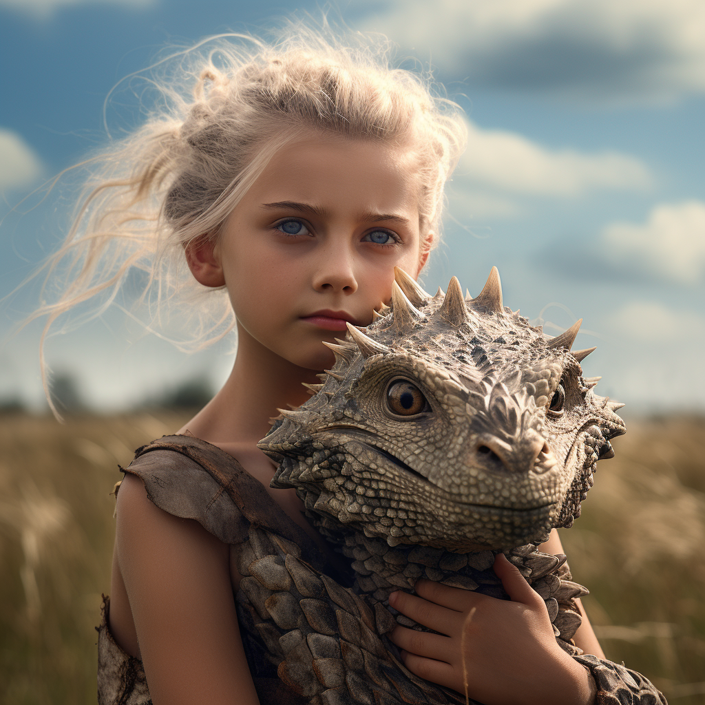 Young girl bonding with a baby dragon