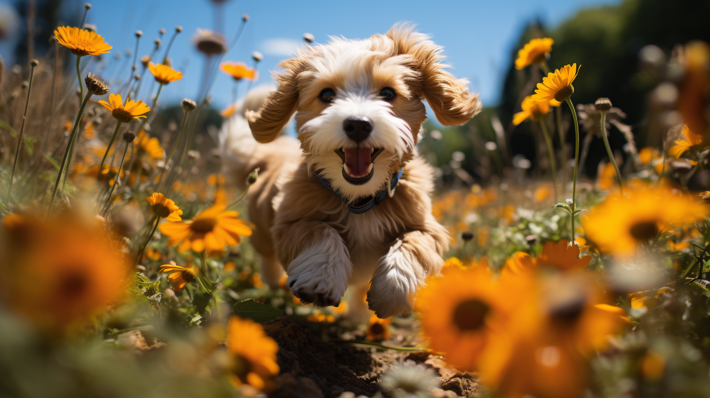 Adorable Puppy Minature Bernedoodles in Flower Field