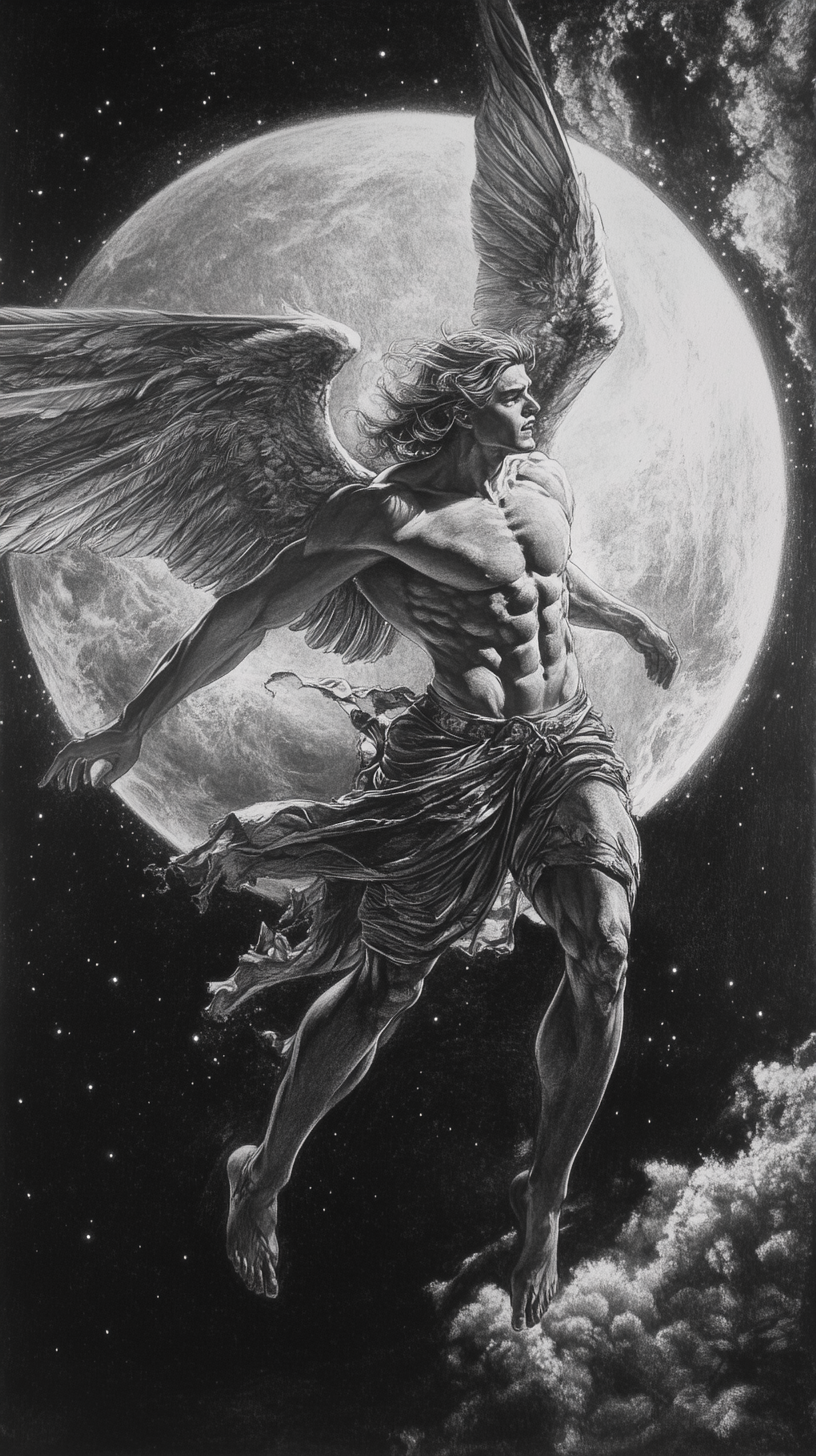 fierce, muscular angel flying through vast space, determined expression