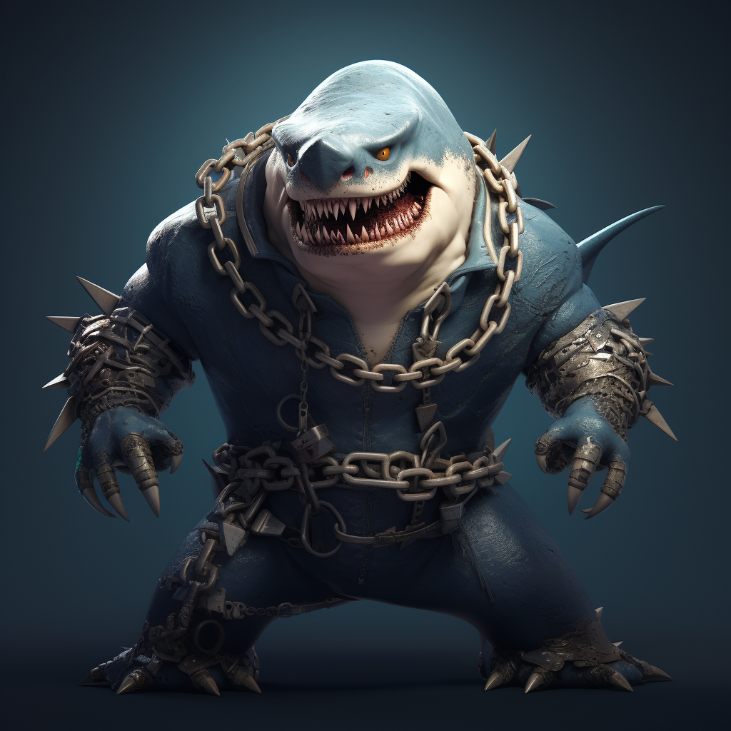 Fierce shark with chains flexing muscles