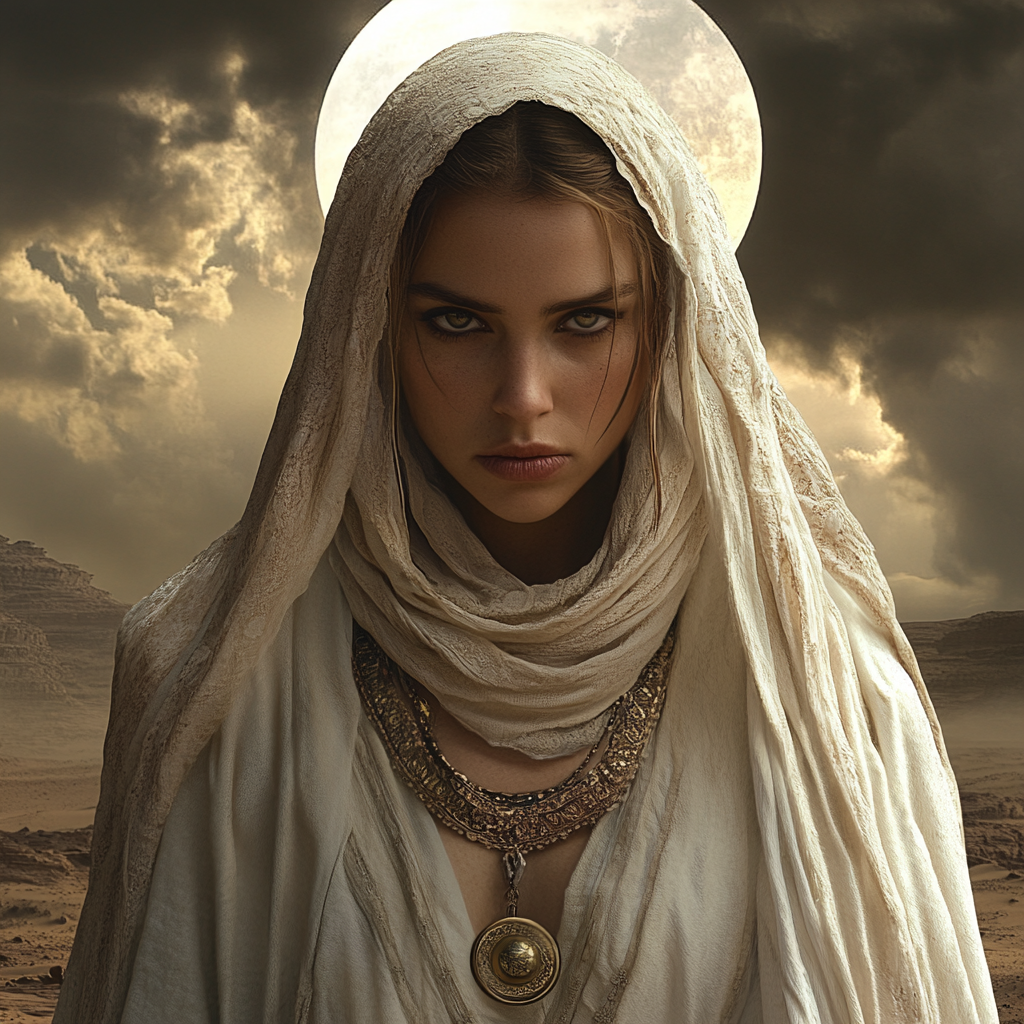 fierce prophetess in desert with ethereal expression