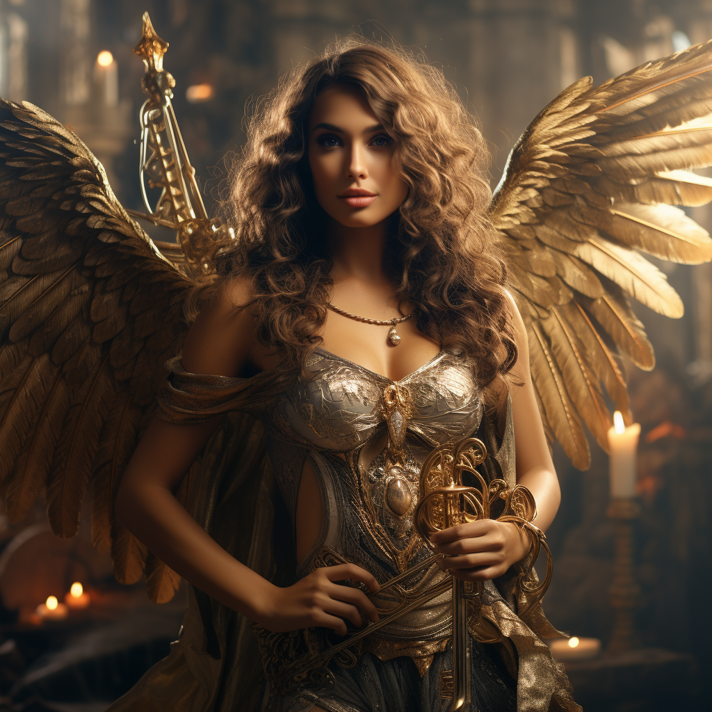 Strong female angel holding ? trumpet