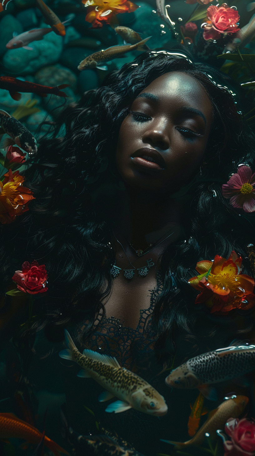 Beautiful dark-skinned woman surrounded by fish and flowers