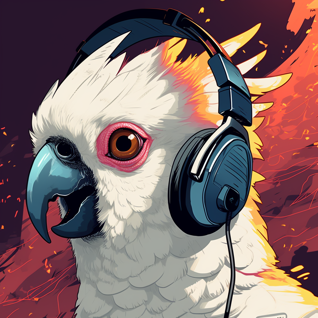 Cockatoo wearing headphones with flames  ??