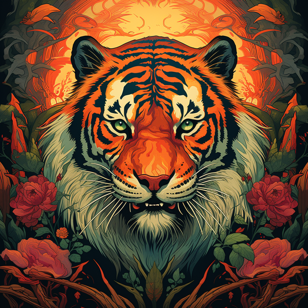 Stylized tiger dividing fiery and rejuvenated forest