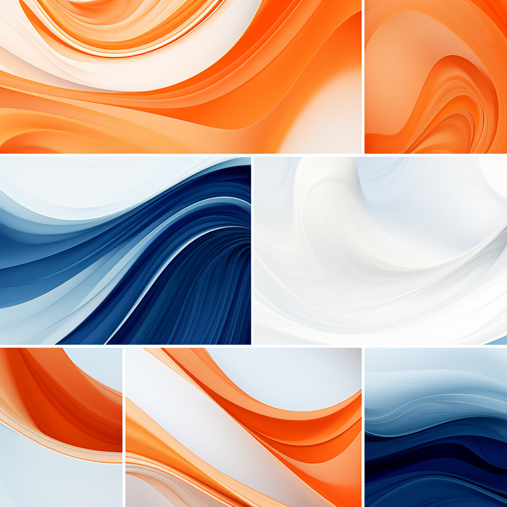 Abstract artwork in fiery orange, white, and navy blue