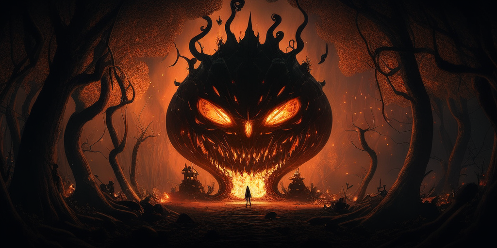 Pumpkin Sculpture in Dark Fantasy Forest