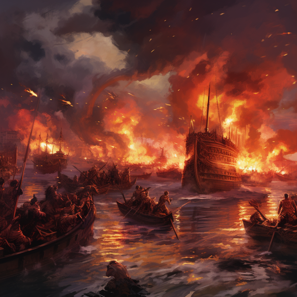 Fiery Ships Attacked by Roman Soldiers