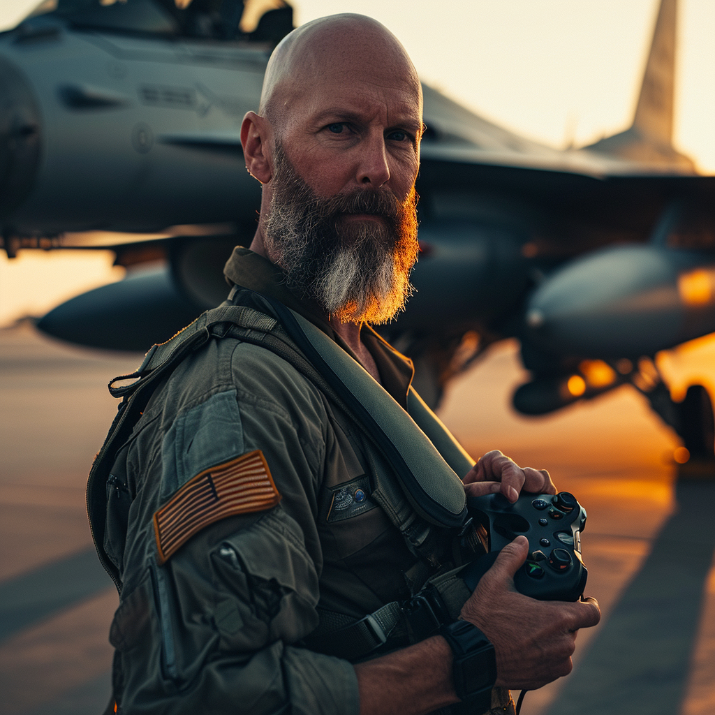 Fighter Pilot with Xbox Controller in front of F16