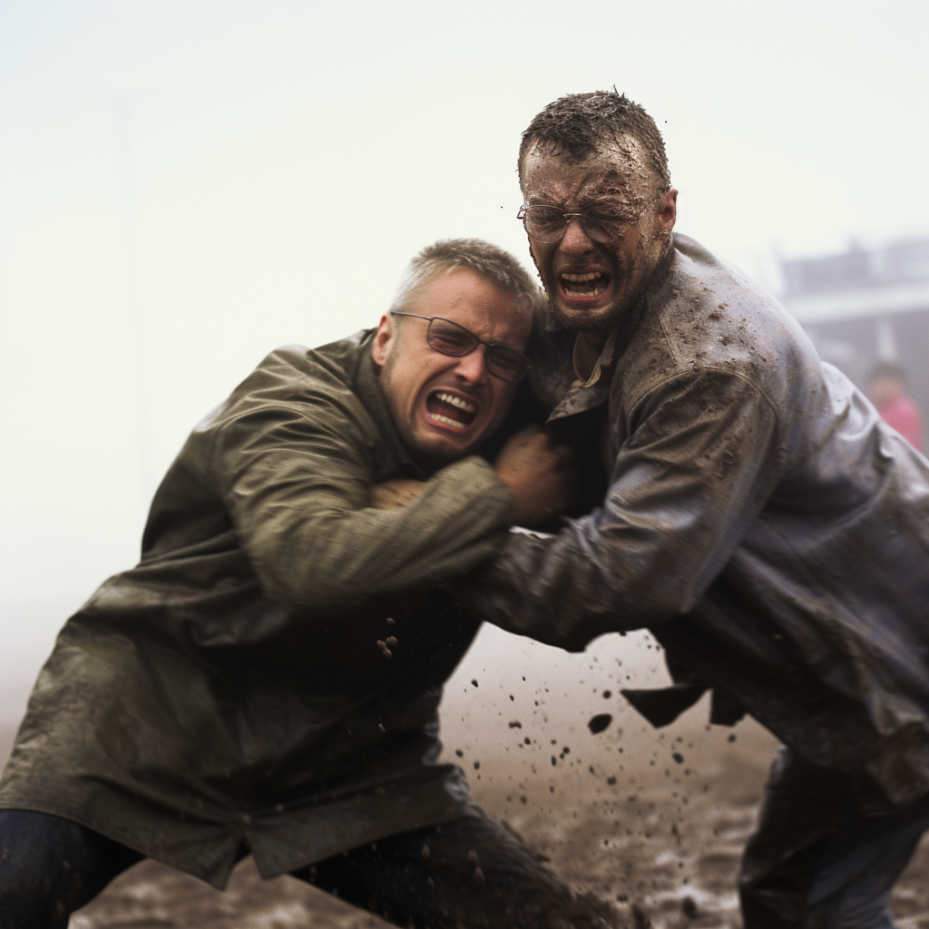 Two men wrestling in muddy ring