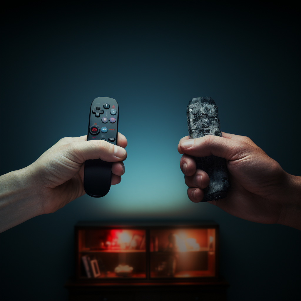 Two hands fighting for TV remote