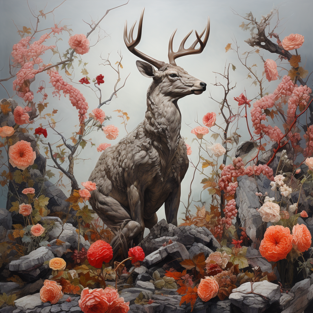 Hyperrealistic figure painting with stone and flowers