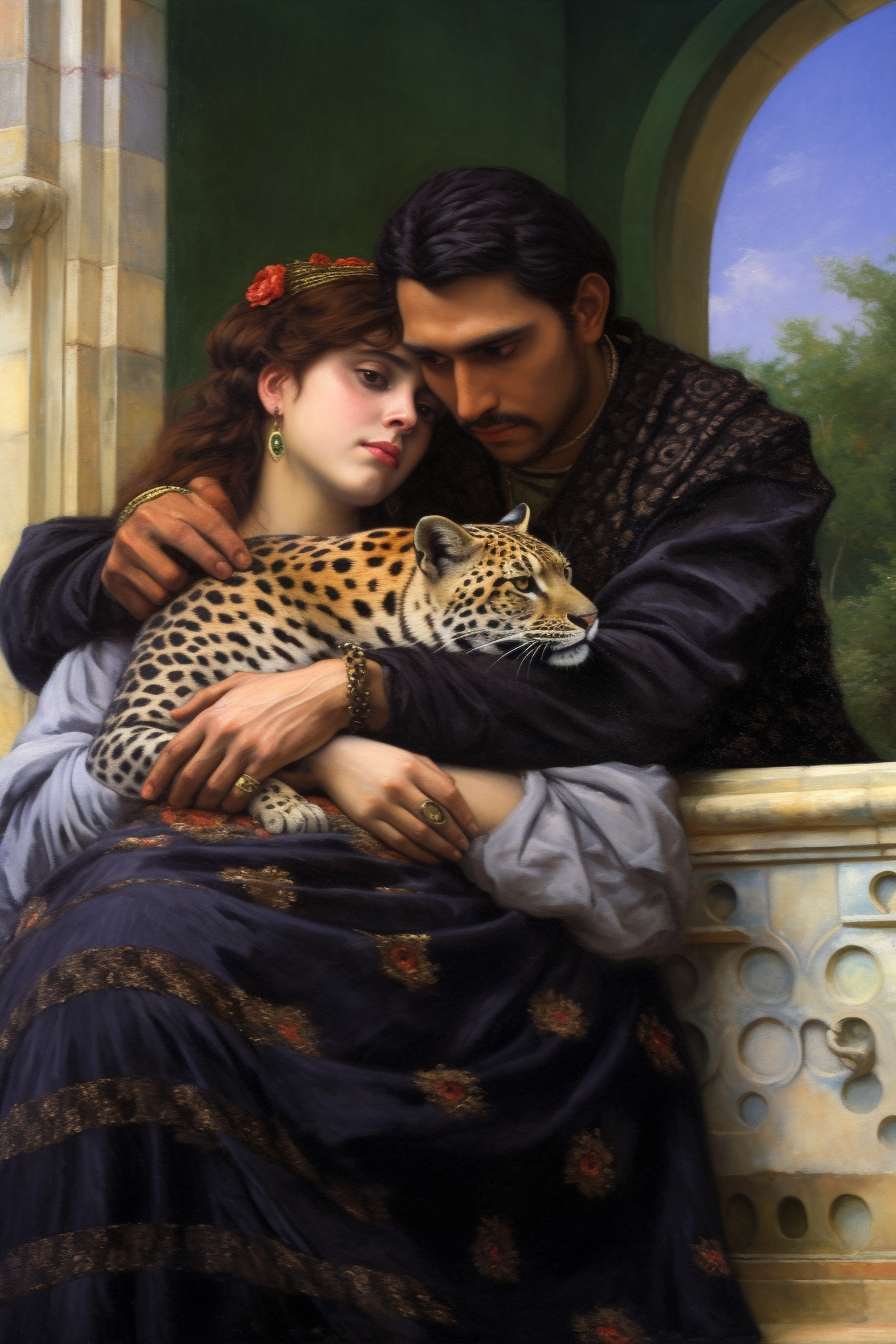 Woman with Pet Leopards in Dramatic Scene