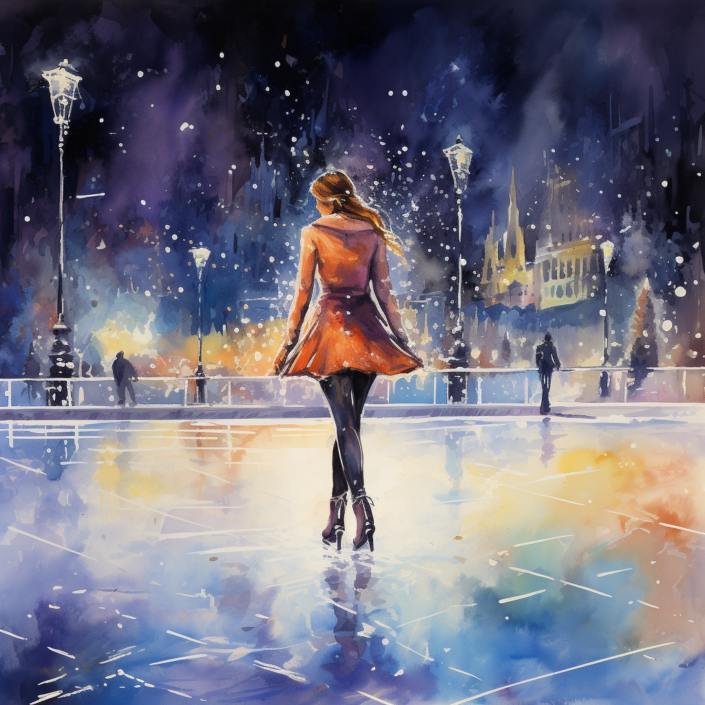 Elegant figure skater on ice rink at night