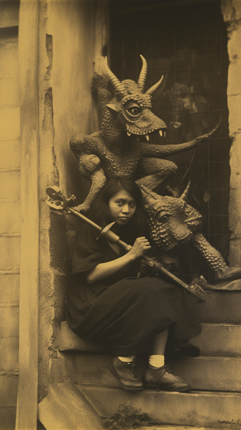 Vintage photo of Filipina witch with saxophone-playing gargoyle