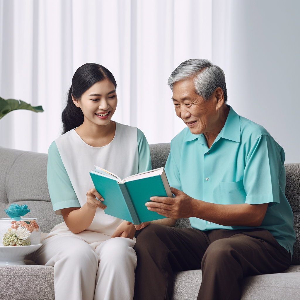 Filipina woman contractor explaining guideline book to elderly American on couch