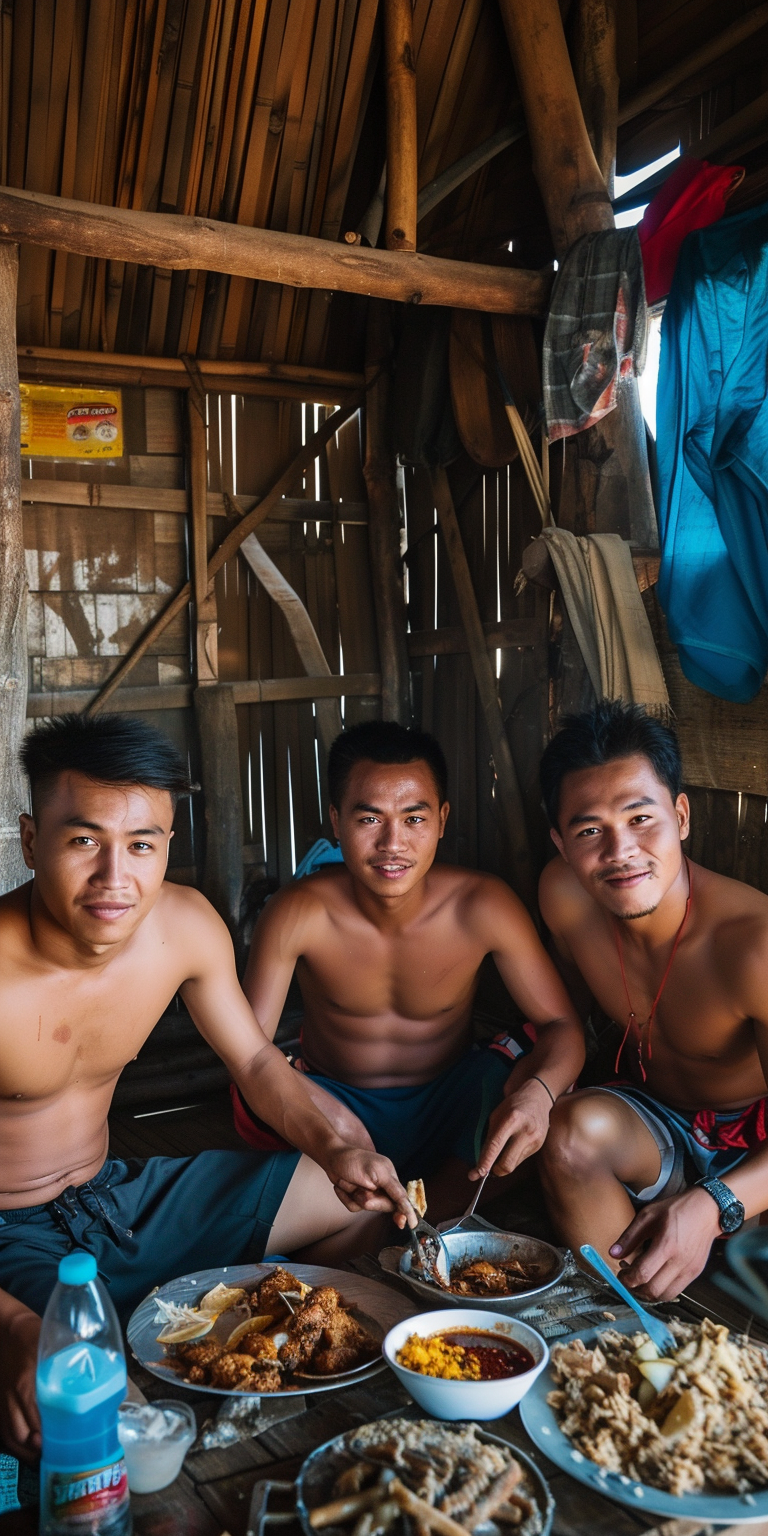 Filipino Chinese Men Eating Party Food