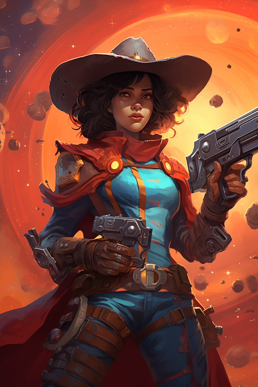 Filipino cowgirl in spaceship with blasters