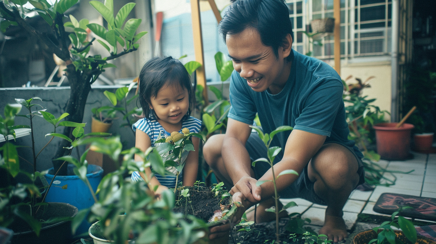 Filipino Dad Daughter Planting Seeds